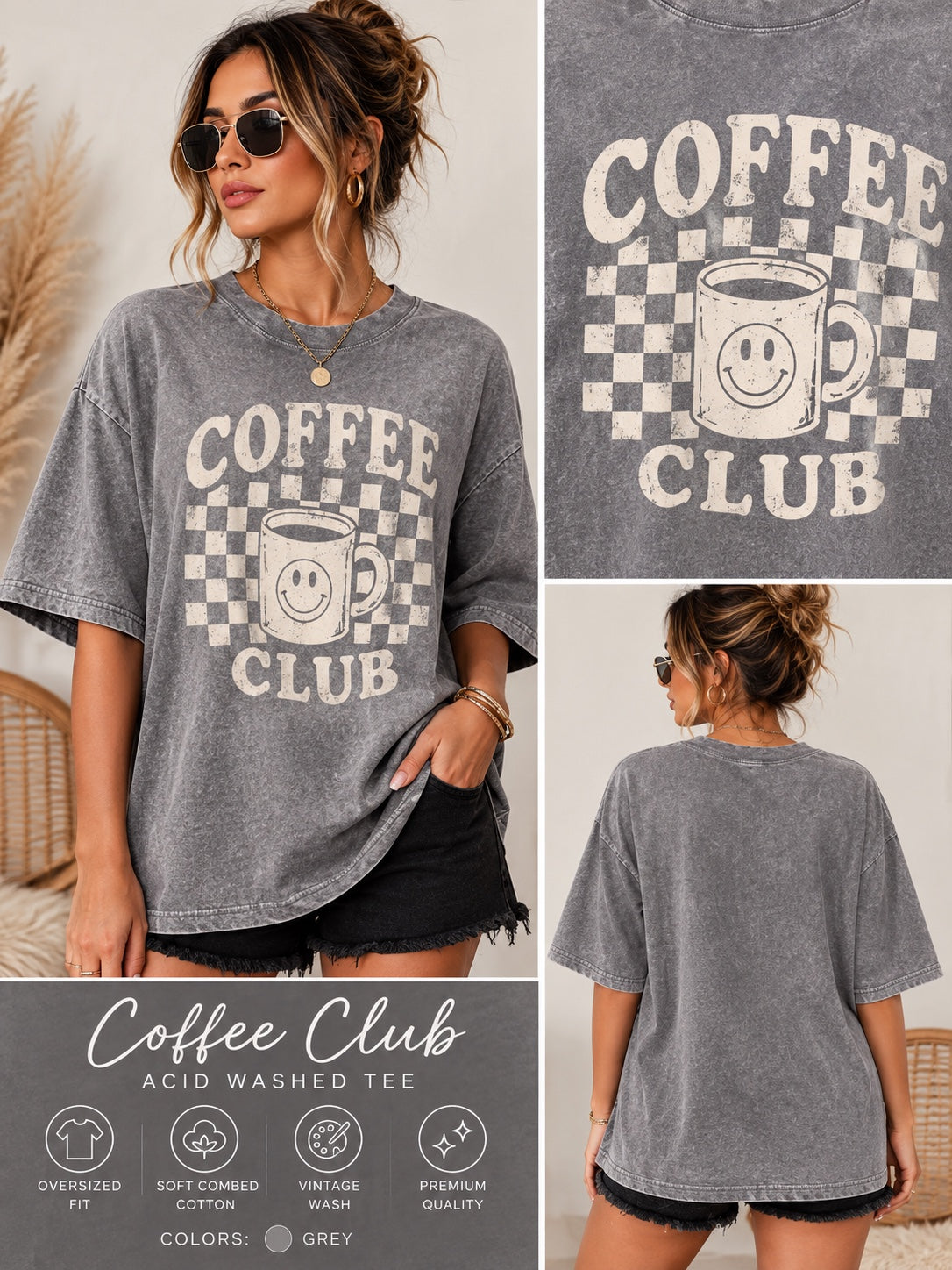 Coffee Club Acid-Washed Oversized Tee