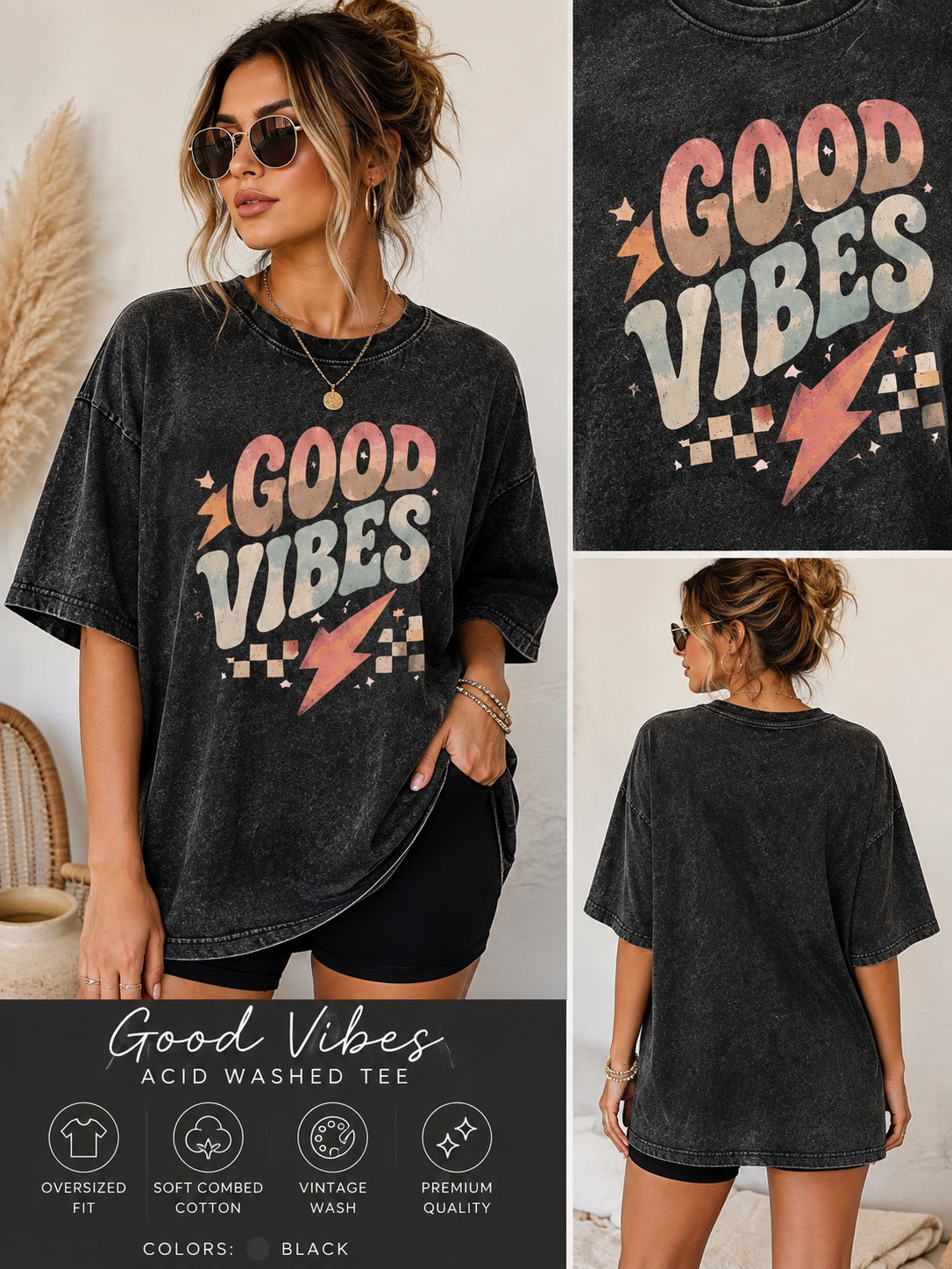 Good Vibes Acid-Washed Oversized Tee